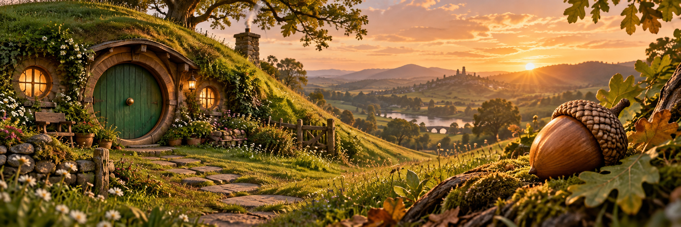 A round-doored hillside dwelling at sunset opposite a large acorn resting in moss.